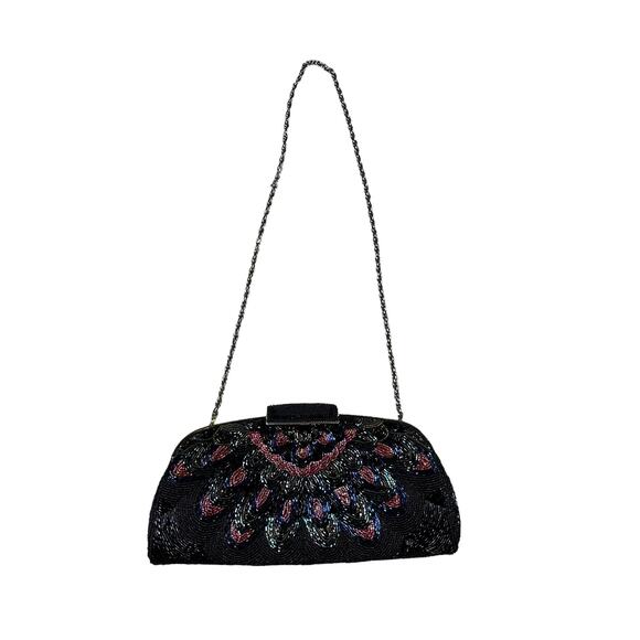 VINTAGE‎ Beaded Top Clasp Shoulder Bag Colorful Black Pink Gatsby
